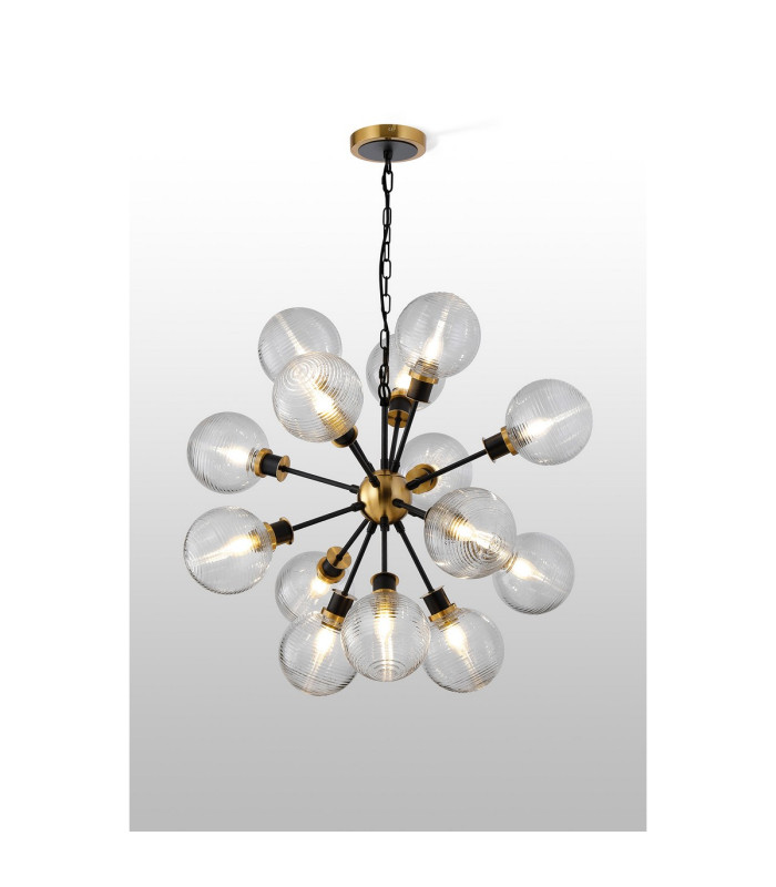 Placid 78cm Pendant 14 Light E14 15cm Round Ribbed Glass Shade Brass Clear & Satin Black-3