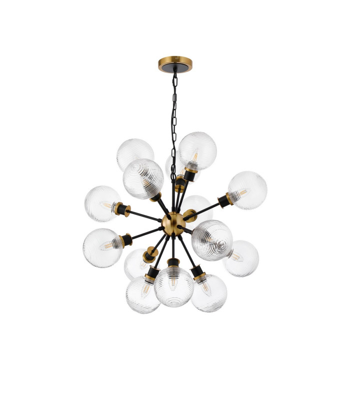 Placid 78cm Pendant 14 Light E14 15cm Round Ribbed Glass Shade Brass Clear & Satin Black-4
