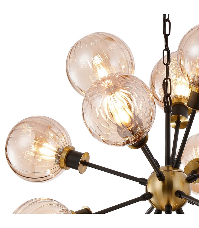 Placid 78cm Pendant 14 Light E14 15cm Round Segment Glass Shade Brass Amber Plated & Satin Black-6