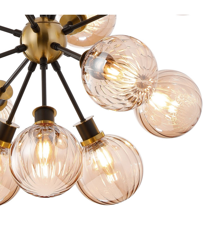 Placid 78cm Pendant 14 Light E14 15cm Round Segment Glass Shade Brass Amber Plated & Satin Black-7