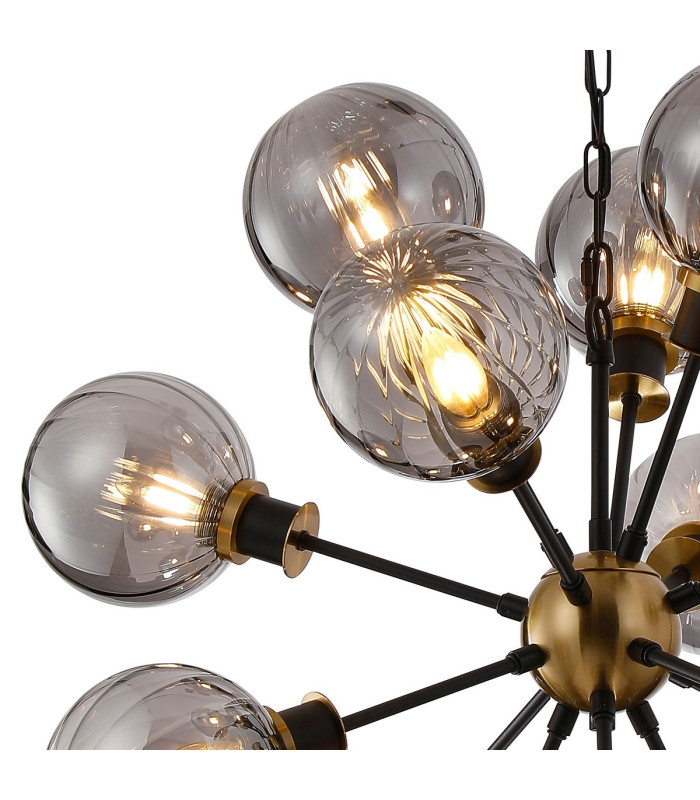 Placid 78cm Pendant 14 Light E14 15cm Round Segment Glass Shade Brass Smoke Plated & Satin Black-6