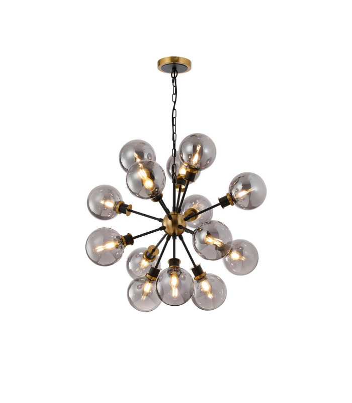 Placid 78cm Pendant 14 Light E14 15cm Round Glass Shade Brass Smoke Plated & Satin Black-1