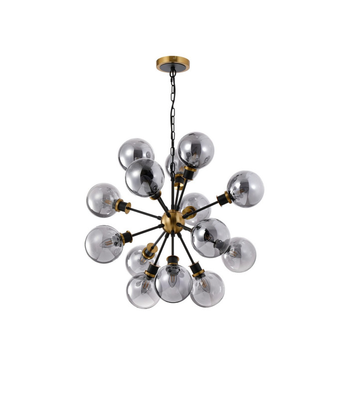 Placid 78cm Pendant 14 Light E14 15cm Round Glass Shade Brass Smoke Plated & Satin Black-3