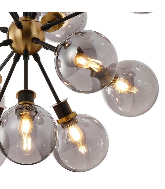Placid 78cm Pendant 14 Light E14 15cm Round Glass Shade Brass Smoke Plated & Satin Black-6