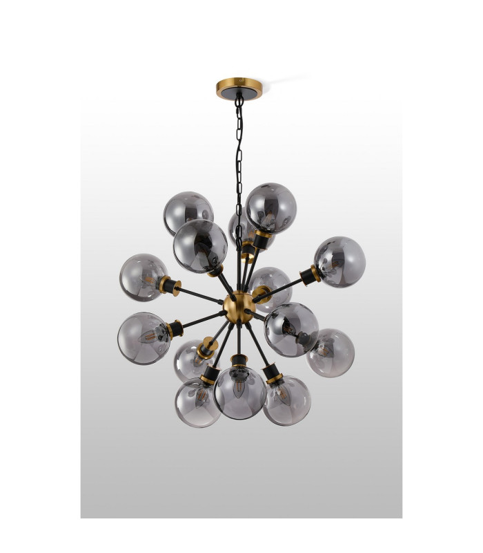 Placid 78cm Pendant 14 Light E14 15cm Round Glass Shade Brass Smoke Plated & Satin Black-7