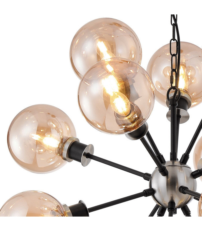 Placid 78cm Pendant 14 Light E14 15cm Round Glass Shade Satin Nickel Amber Plated & Satin Black-6