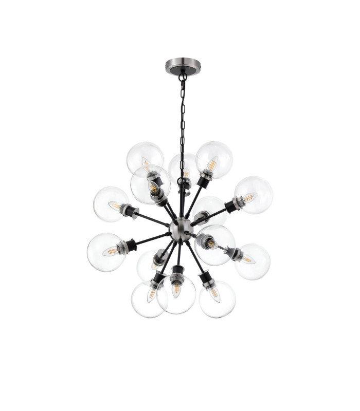 Placid 78cm Pendant 14 Light E14 15cm Round Glass Shade Satin Nickel Clear & Satin Black-4