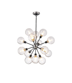 Placid 78cm Pendant 14 Light E14 15cm Round Crackled Glass Shade Satin Nickel Clear & Satin Black-1