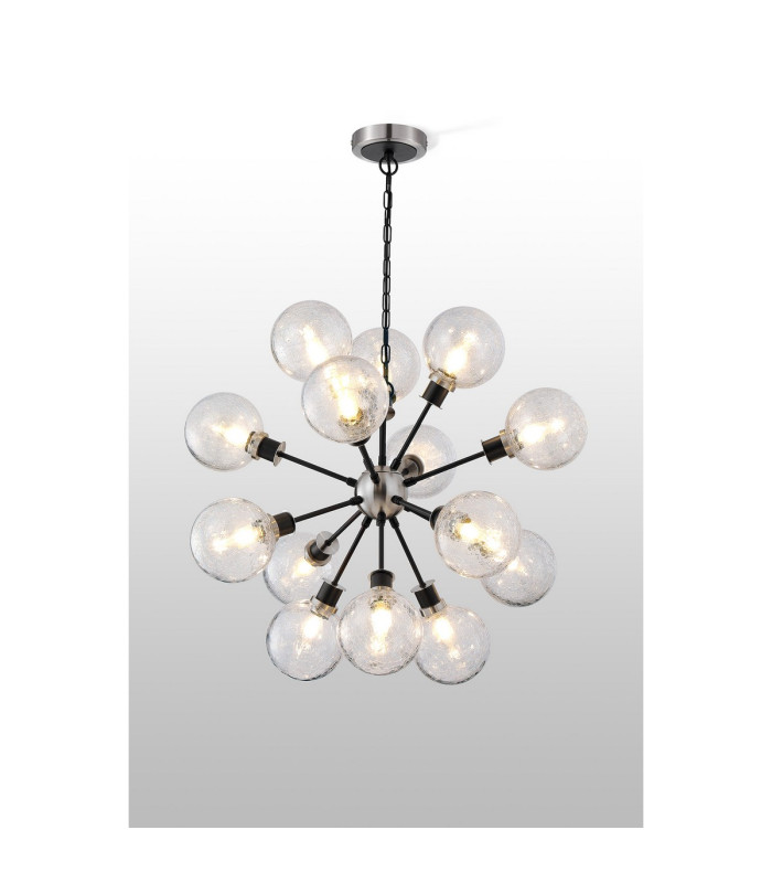Placid 78cm Pendant 14 Light E14 15cm Round Crackled Glass Shade Satin Nickel Clear & Satin Black-3