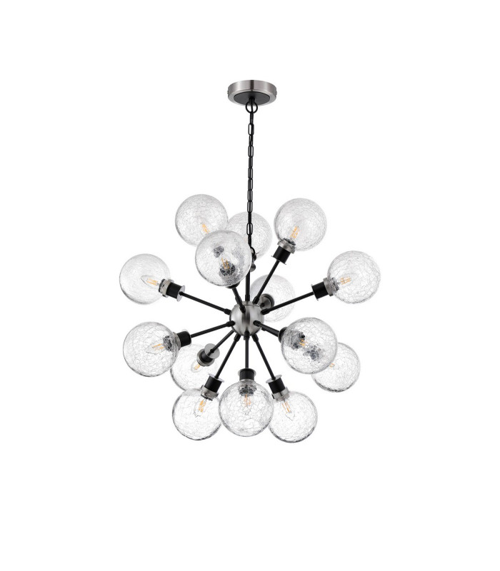 Placid 78cm Pendant 14 Light E14 15cm Round Crackled Glass Shade Satin Nickel Clear & Satin Black-4