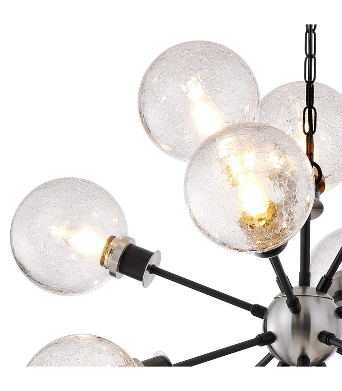 Placid 78cm Pendant 14 Light E14 15cm Round Crackled Glass Shade Satin Nickel Clear & Satin Black-6