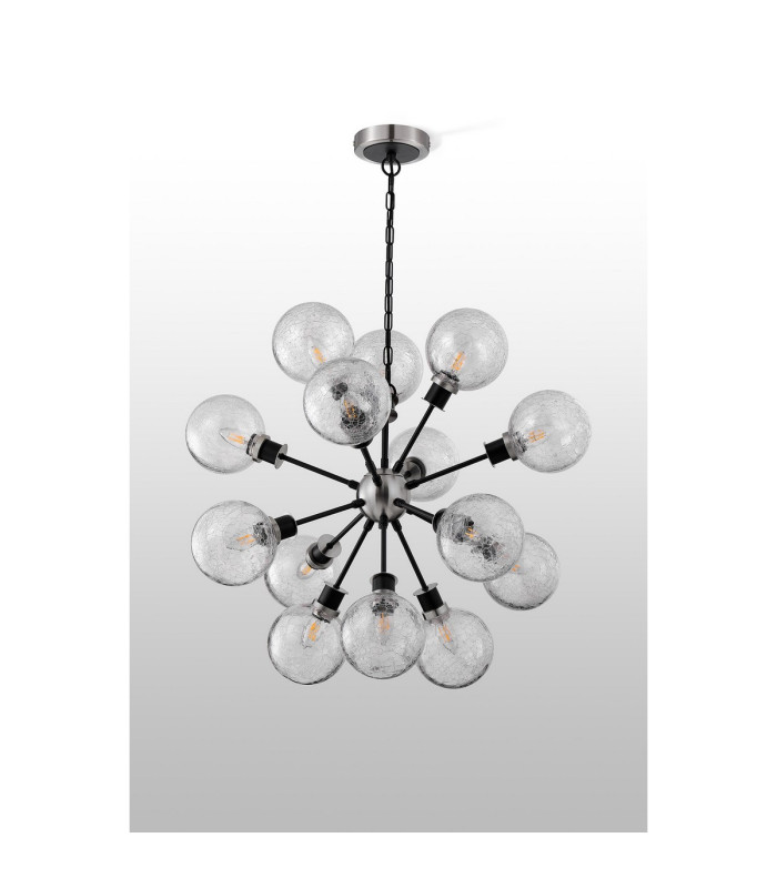 Placid 78cm Pendant 14 Light E14 15cm Round Crackled Glass Shade Satin Nickel Clear & Satin Black-8