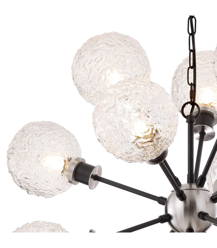 Placid 78cm Pendant 14 Light E14 15cm Round Textured Crumple Glass Shade Satin Nickel Clear & Satin Black-5