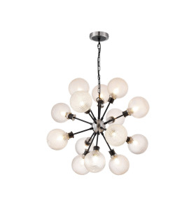 Placid 78cm Pendant 14 Light E14 15cm Round Textured Diamond Pattern Glass Shade Satin Nickel Clear & Satin Black-1