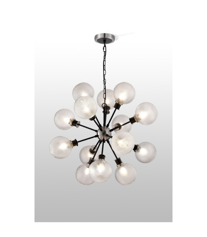 Placid 78cm Pendant 14 Light E14 15cm Round Textured Diamond Pattern Glass Shade Satin Nickel Clear & Satin Black-3