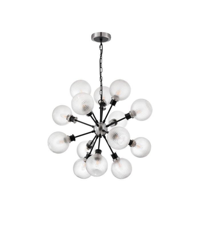 Placid 78cm Pendant 14 Light E14 15cm Round Textured Diamond Pattern Glass Shade Satin Nickel Clear & Satin Black-4