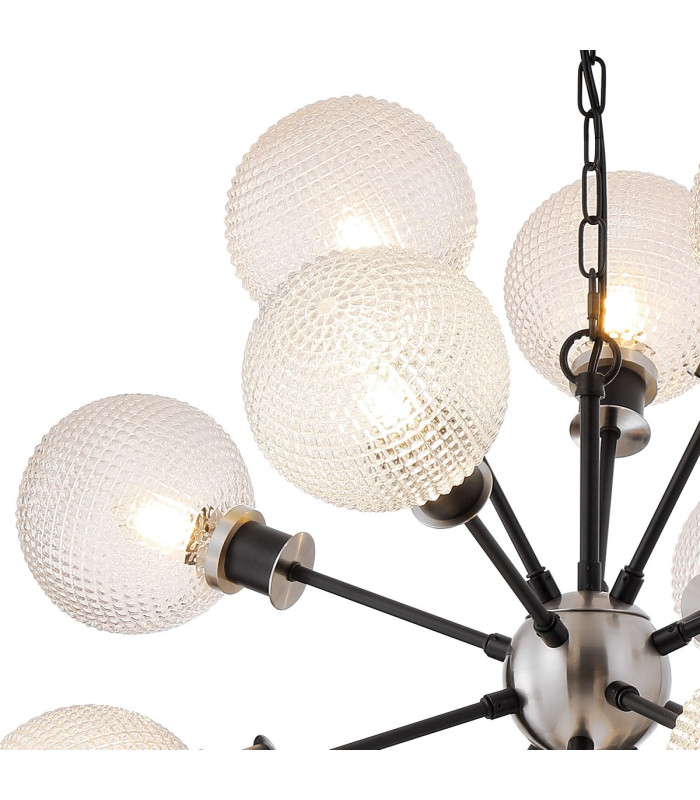 Placid 78cm Pendant 14 Light E14 15cm Round Textured Diamond Pattern Glass Shade Satin Nickel Clear & Satin Black-6