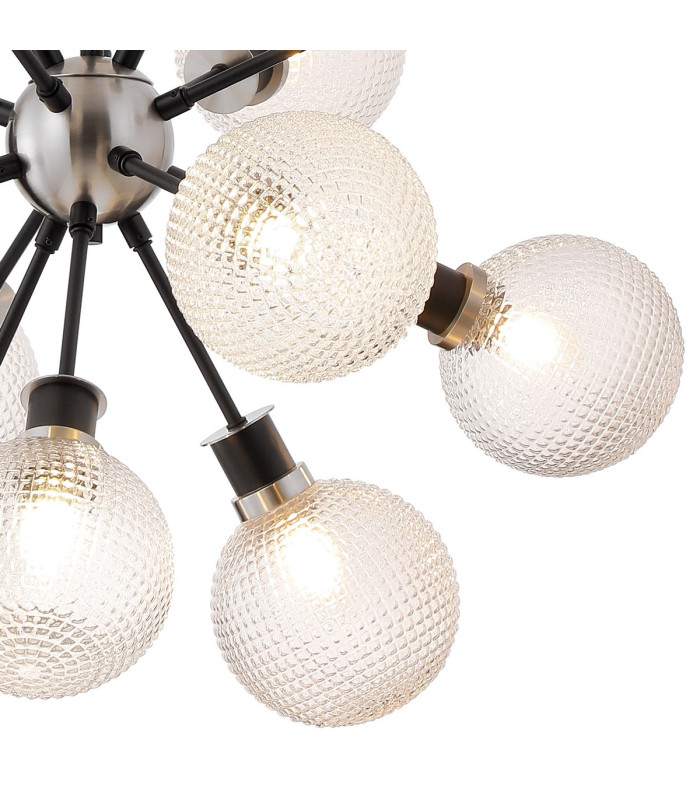 Placid 78cm Pendant 14 Light E14 15cm Round Textured Diamond Pattern Glass Shade Satin Nickel Clear & Satin Black-7