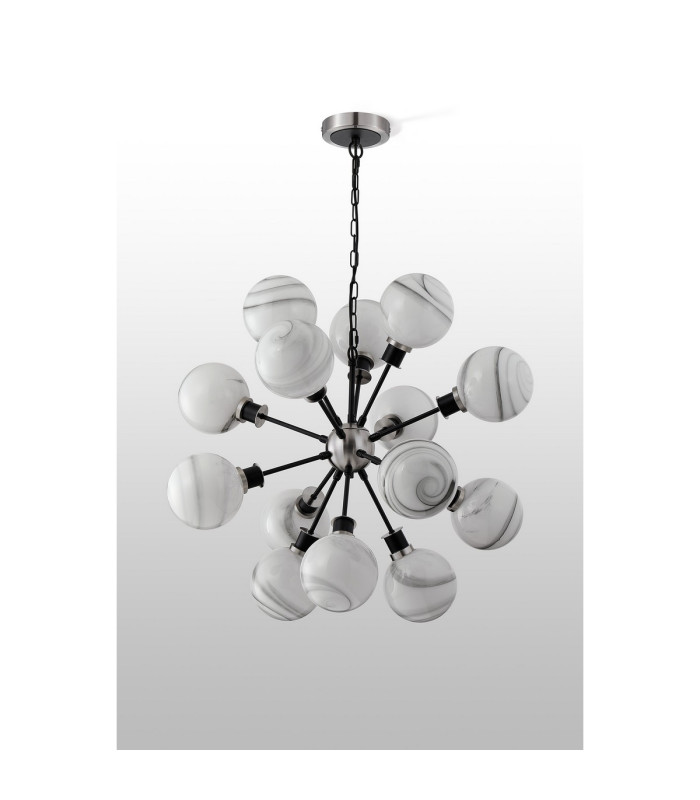 Placid 78cm Pendant 14 Light E14 15cm Round White & Grey Marble Effect Glass Shade Satin Nickel & Satin Black Framework-9