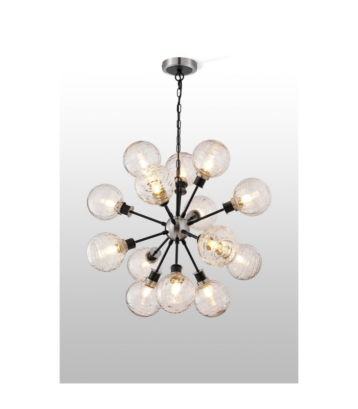 Placid 78cm Pendant 14 Light E14 15cm Round Textured Melting Glass Shade Satin Nickel Clear & Satin Black-3