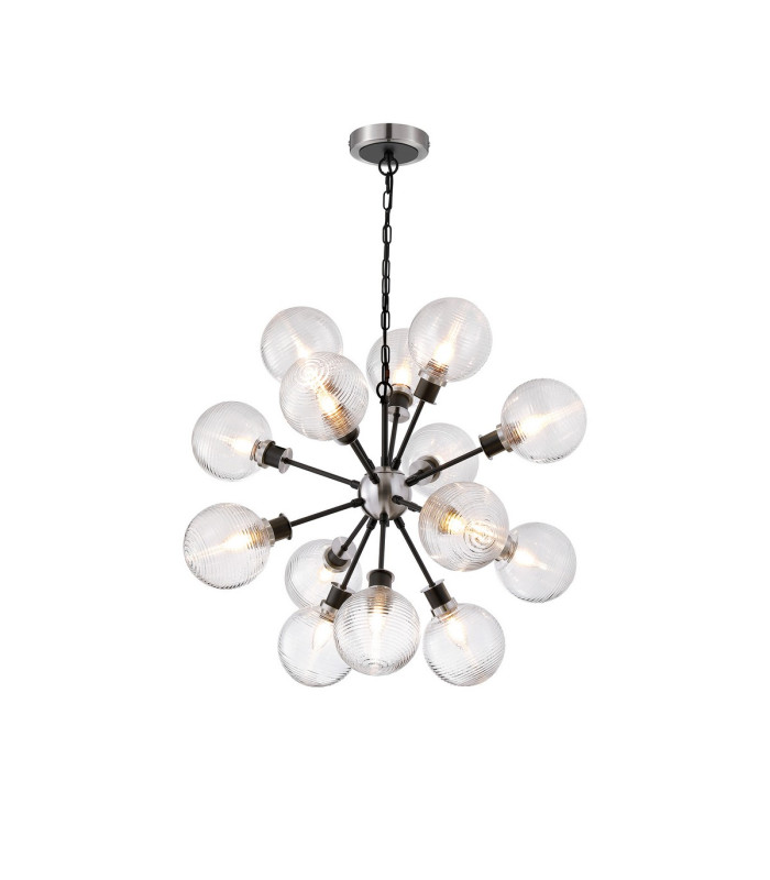Placid 78cm Pendant 14 Light E14 15cm Round Ribbed Glass Shade Satin Nickel Clear & Satin Black-1