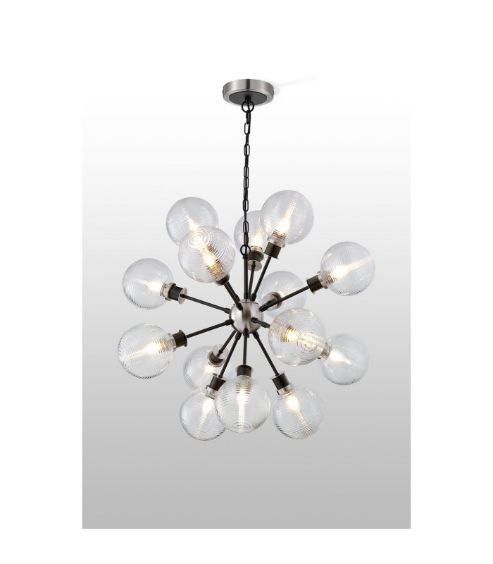 Placid 78cm Pendant 14 Light E14 15cm Round Ribbed Glass Shade Satin Nickel Clear & Satin Black-3