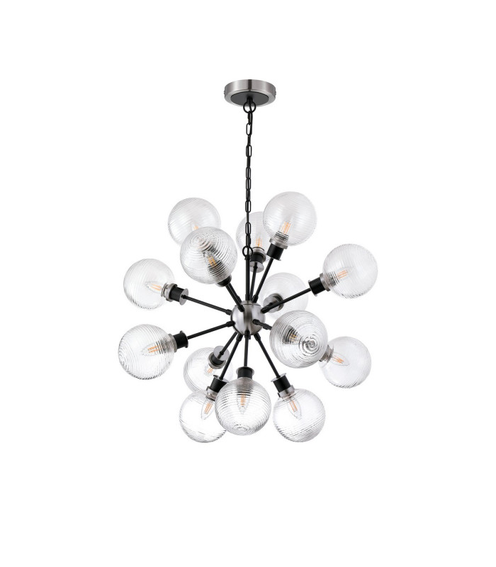 Placid 78cm Pendant 14 Light E14 15cm Round Ribbed Glass Shade Satin Nickel Clear & Satin Black-4