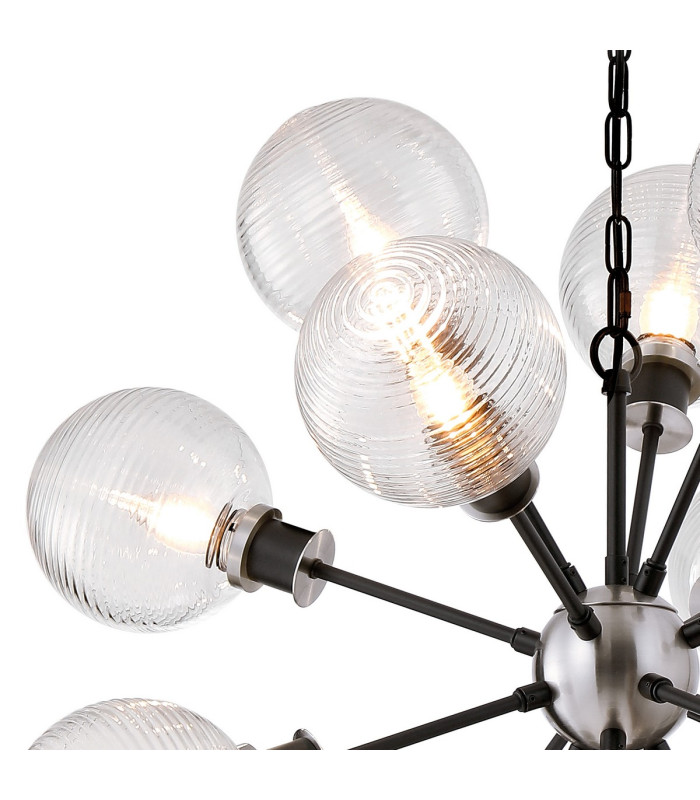 Placid 78cm Pendant 14 Light E14 15cm Round Ribbed Glass Shade Satin Nickel Clear & Satin Black-7
