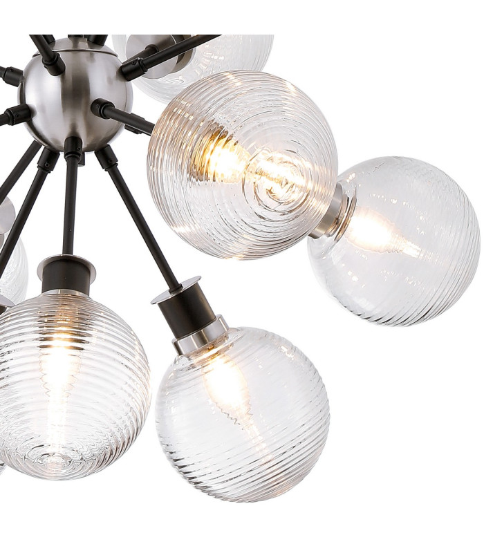 Placid 78cm Pendant 14 Light E14 15cm Round Ribbed Glass Shade Satin Nickel Clear & Satin Black-8