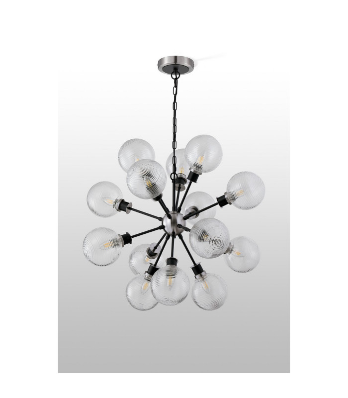 Placid 78cm Pendant 14 Light E14 15cm Round Ribbed Glass Shade Satin Nickel Clear & Satin Black-9