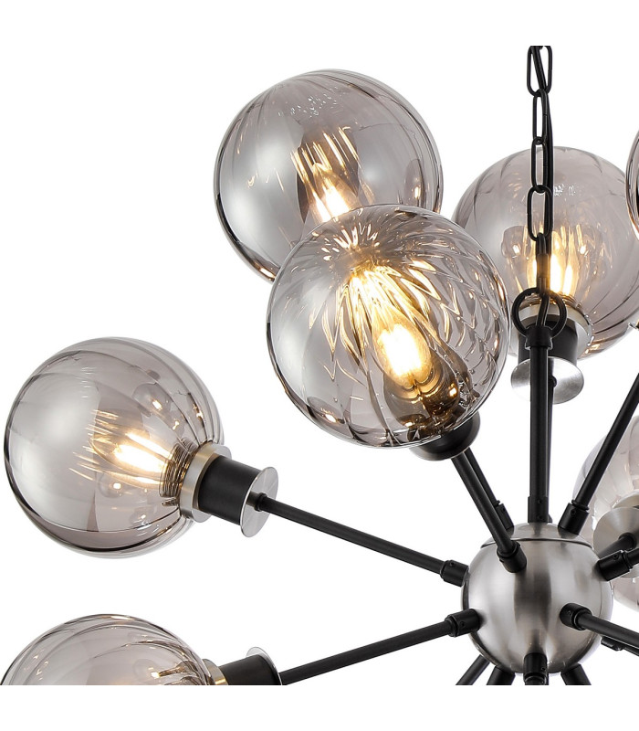 Placid 78cm Pendant 14 Light E14 15cm Round Segment Glass Shade Satin Nickel Smoke Plated & Satin Black-6