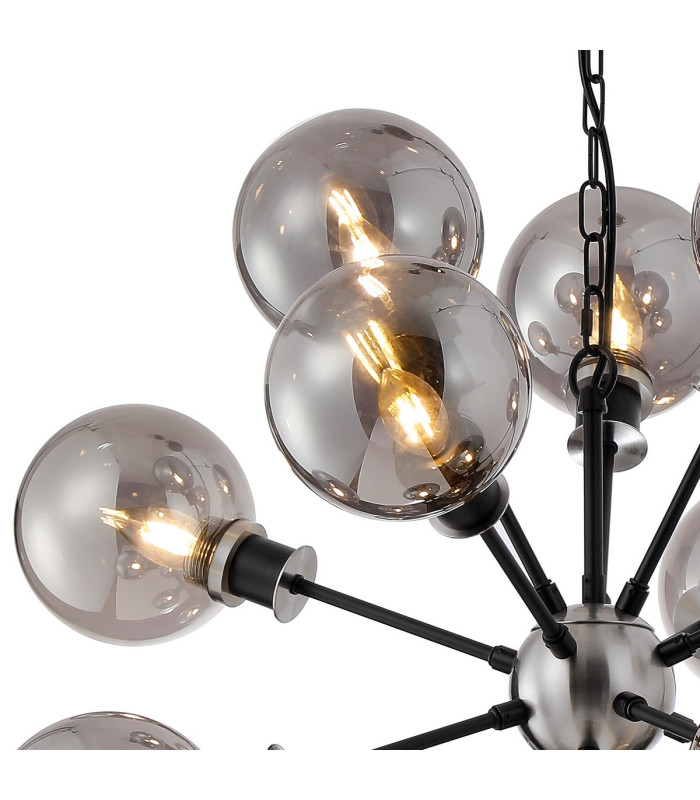Placid 78cm Pendant 14 Light E14 15cm Round Glass Shade Satin Nickel Smoke Plated & Satin Black-6