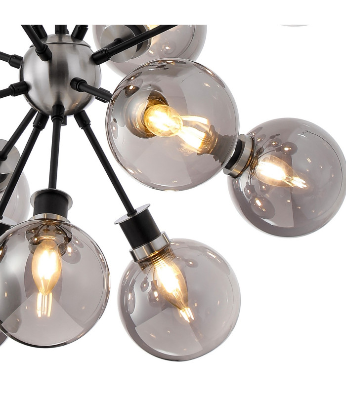 Placid 78cm Pendant 14 Light E14 15cm Round Glass Shade Satin Nickel Smoke Plated & Satin Black-7
