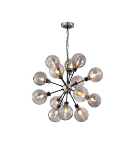 Placid 78cm Pendant 14 Light E14 15cm Round Textured Smooth / Ribbed Glass Shade Satin Nickel Smoke Plated & Satin Black-1