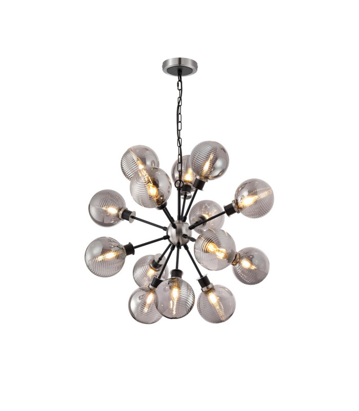 Placid 78cm Pendant 14 Light E14 15cm Round Textured Smooth / Ribbed Glass Shade Satin Nickel Smoke Plated & Satin Black-1