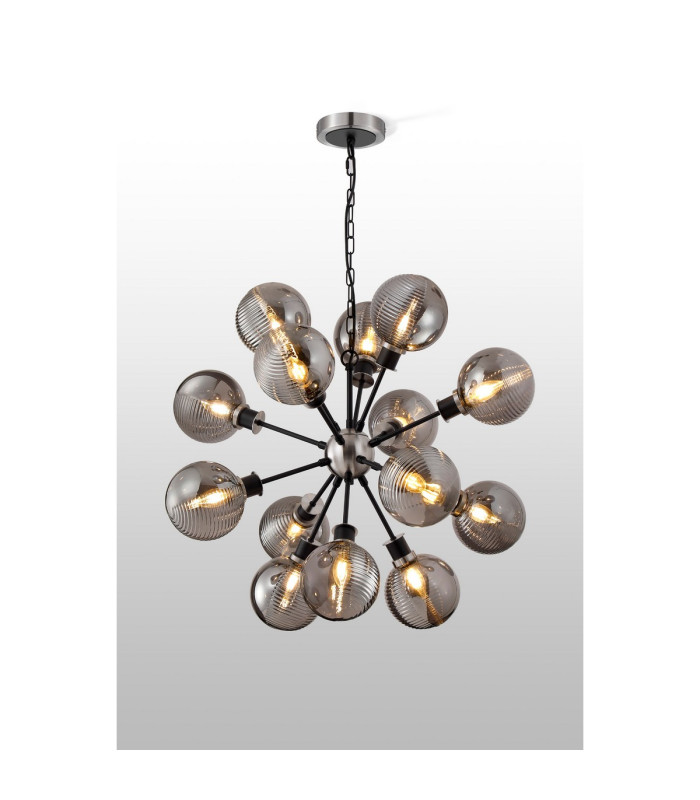 Placid 78cm Pendant 14 Light E14 15cm Round Textured Smooth / Ribbed Glass Shade Satin Nickel Smoke Plated & Satin Black-3