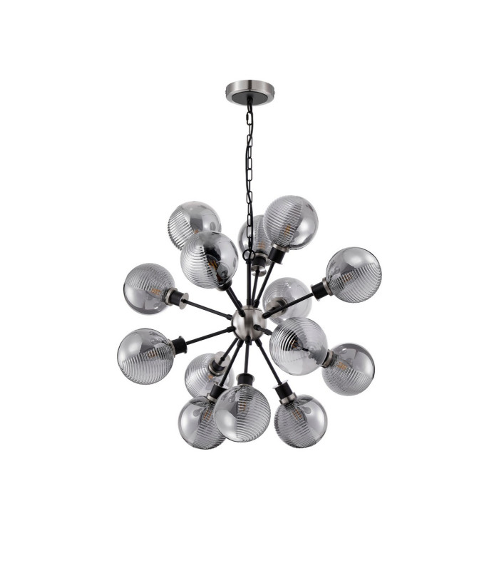 Placid 78cm Pendant 14 Light E14 15cm Round Textured Smooth / Ribbed Glass Shade Satin Nickel Smoke Plated & Satin Black-4