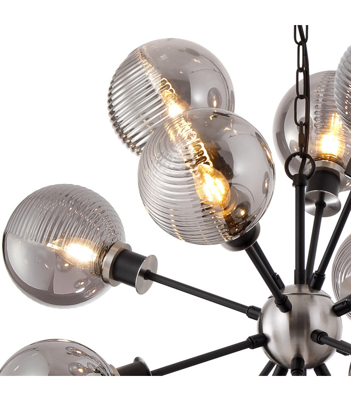 Placid 78cm Pendant 14 Light E14 15cm Round Textured Smooth / Ribbed Glass Shade Satin Nickel Smoke Plated & Satin Black-6