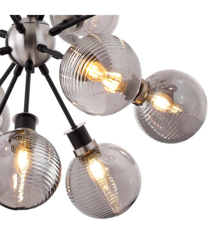 Placid 78cm Pendant 14 Light E14 15cm Round Textured Smooth / Ribbed Glass Shade Satin Nickel Smoke Plated & Satin Black-7