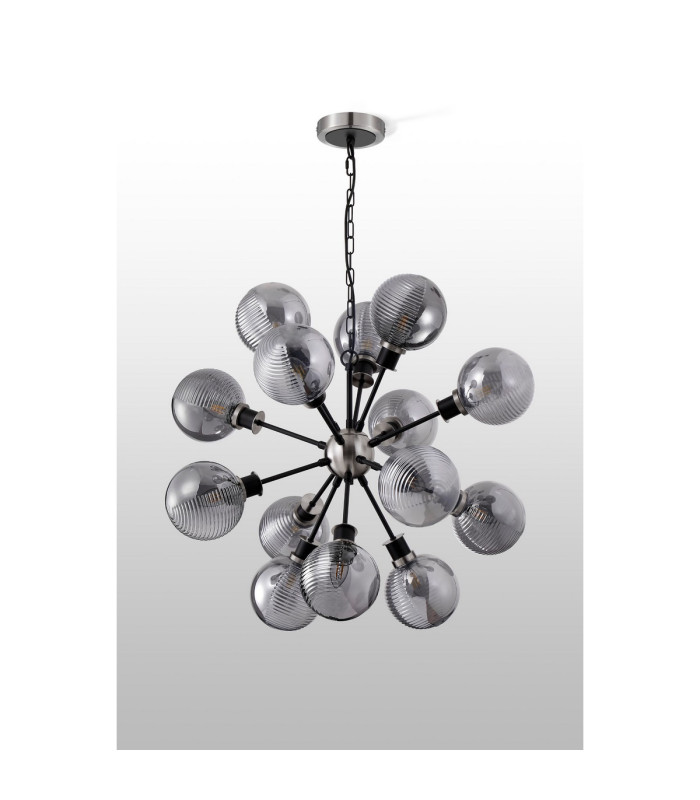 Placid 78cm Pendant 14 Light E14 15cm Round Textured Smooth / Ribbed Glass Shade Satin Nickel Smoke Plated & Satin Black-8