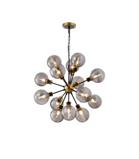 Placid 78cm Pendant 14 Light E14 15cm Round Double Textured Smooth / Ribbed Glass Shade Brass Smoke Plated & Satin Black-1