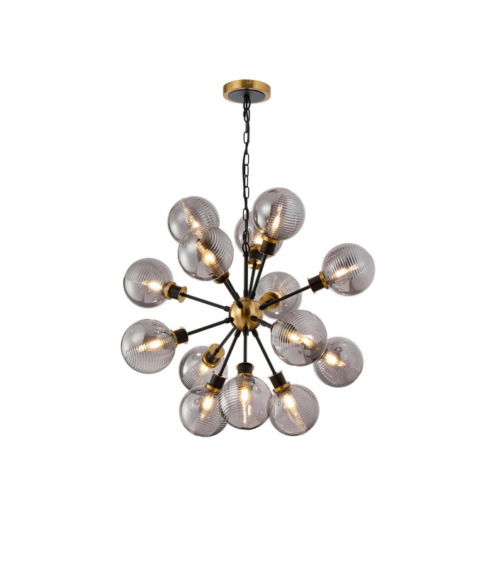Placid 78cm Pendant 14 Light E14 15cm Round Double Textured Smooth / Ribbed Glass Shade Brass Smoke Plated & Satin Black-1