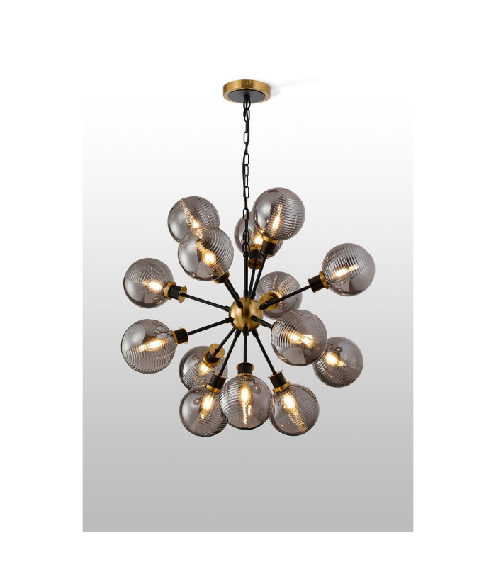 Placid 78cm Pendant 14 Light E14 15cm Round Double Textured Smooth / Ribbed Glass Shade Brass Smoke Plated & Satin Black-3