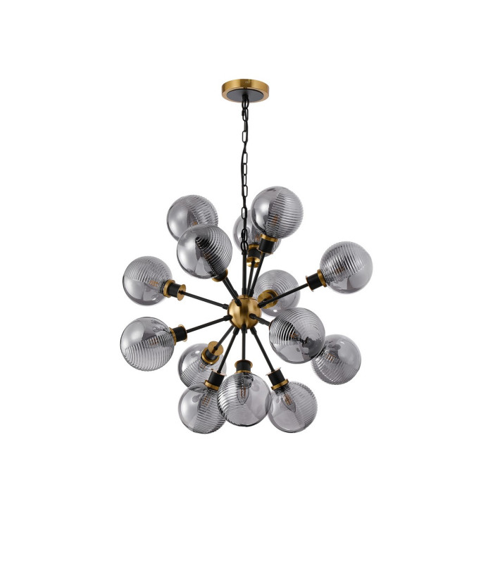 Placid 78cm Pendant 14 Light E14 15cm Round Double Textured Smooth / Ribbed Glass Shade Brass Smoke Plated & Satin Black-4