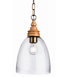 1 Light Dome Ceiling Pendant Natural Wood with Clear Glass, E27 - 1