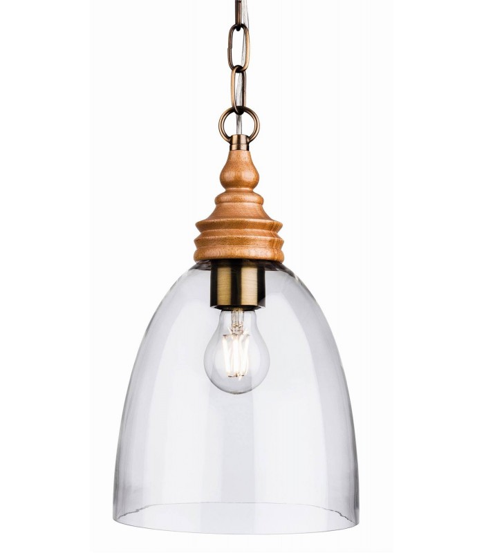 1 Light Dome Ceiling Pendant Natural Wood with Clear Glass, E27 - 1