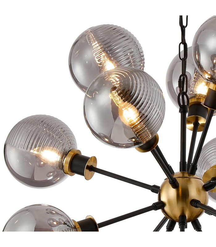 Placid 78cm Pendant 14 Light E14 15cm Round Double Textured Smooth / Ribbed Glass Shade Brass Smoke Plated & Satin Black-6