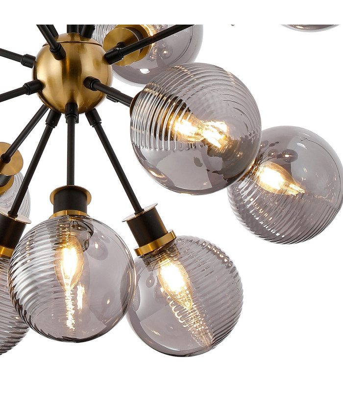 Placid 78cm Pendant 14 Light E14 15cm Round Double Textured Smooth / Ribbed Glass Shade Brass Smoke Plated & Satin Black-7