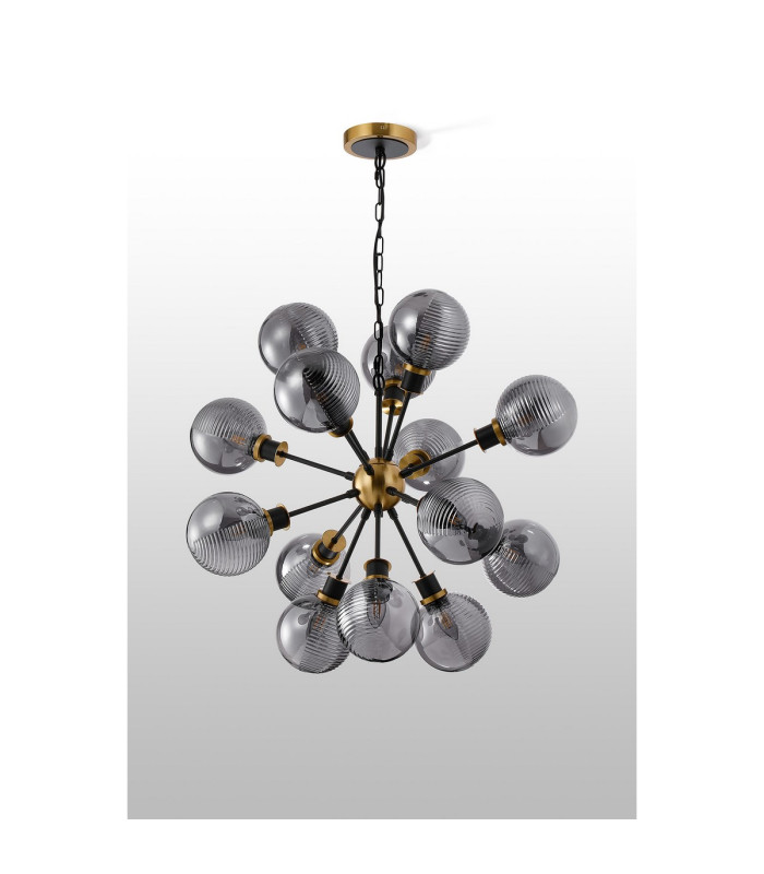 Placid 78cm Pendant 14 Light E14 15cm Round Double Textured Smooth / Ribbed Glass Shade Brass Smoke Plated & Satin Black-8