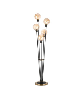 Placid Floor Lamp 5 Light E14 15cm Round Glass Shade Brass Amber Plated Satin Black-1